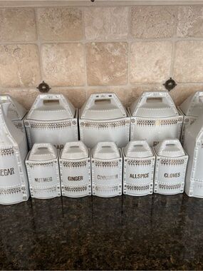 White Ceramic Spice Canister Set with Gold Accents